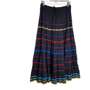 Vintage TravelSmith  Black Boho Tiered Maxi Skirt Ribbon Trim Size Medium